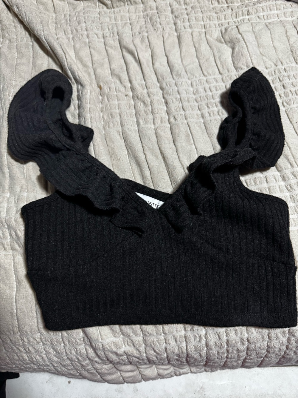 Black Ribbed Ruffle-Strap Crop Top
